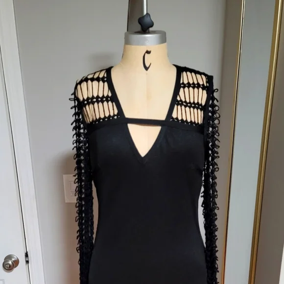 Wow, Couture Black Crochet Sleeve Dress - Picture 1 of 7